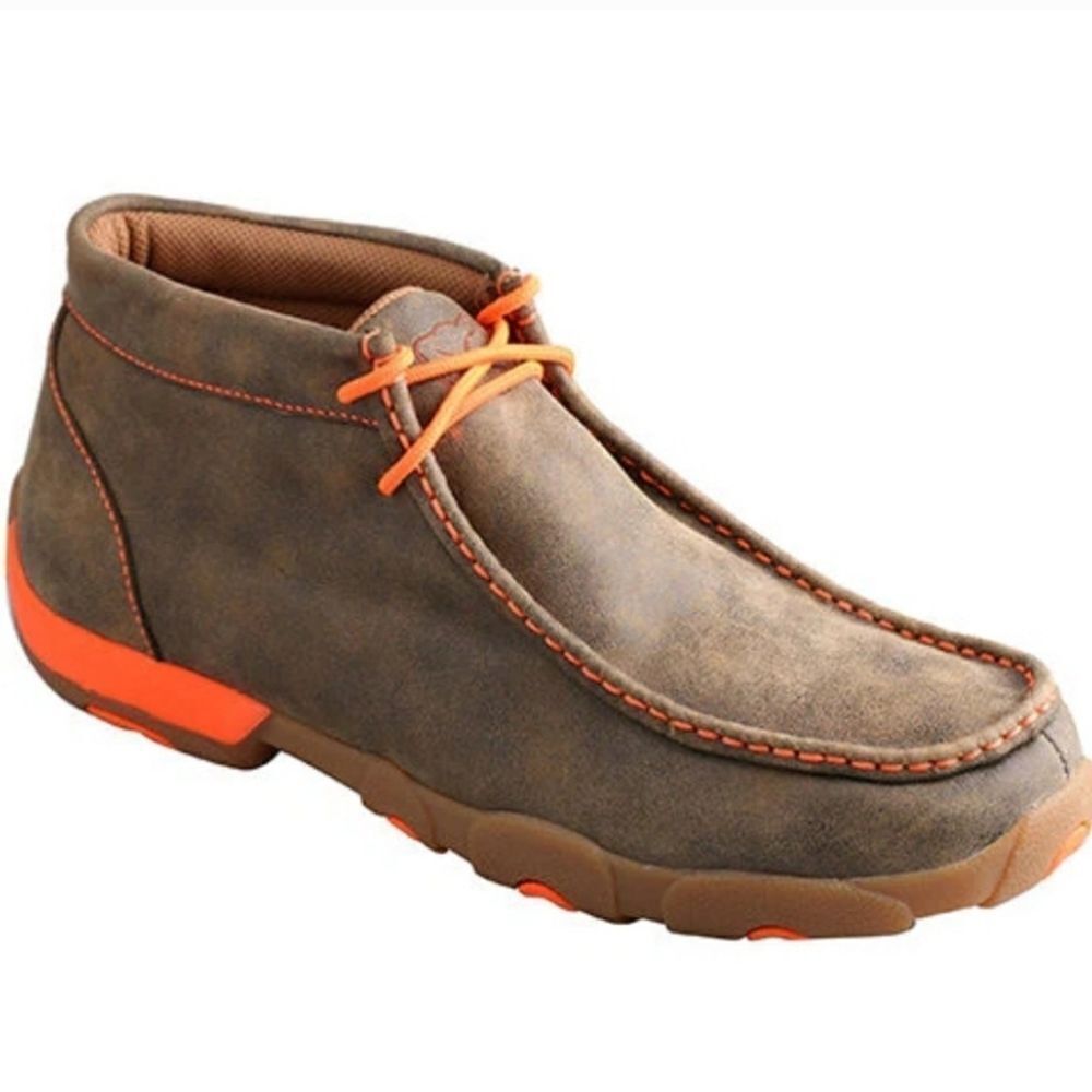 Twisted X Brown Leather Neon Orange Moccasin Moc Square Toe Ankle Driving Loafer